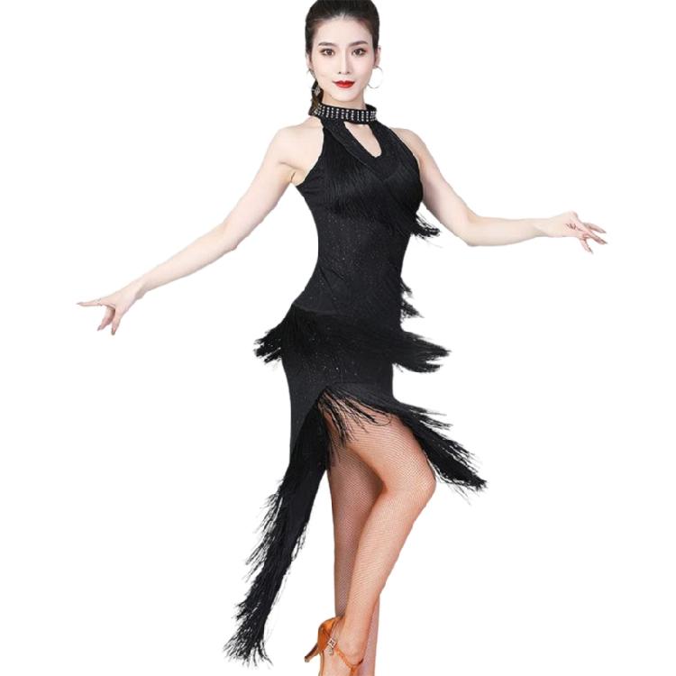 Glittering Latin Dance Dress Asymmetrical Sequins Fringe Performances Costume Breathable Polyester Stage Outfit