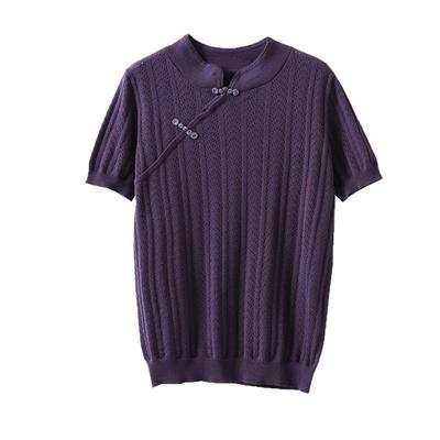 Soft New Chinese Hollow Stand Collar Pure Cotton Base Shirt for Women Short-sleeved Summer New Style Knitted T-shirt Top