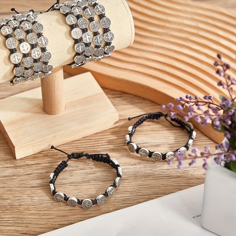 Set Of 12 Saint Benedict Charm Bracelets Handmade Wristbands Adjustable Length Wristchains Religious Blessing Jewelry