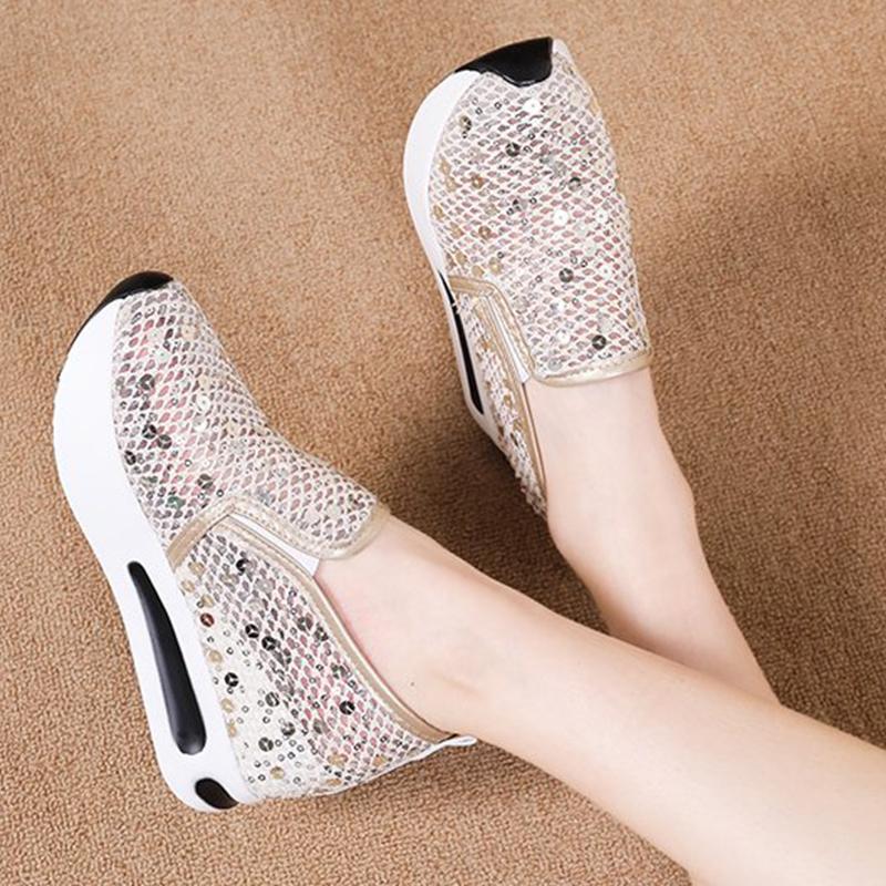 Fashion 2025 Elegant Bling Mesh Sports Shoes Women Fashion Plus Size Platform Sneakers Woman Slip On Soft Insole Vulcanize Shoes Female