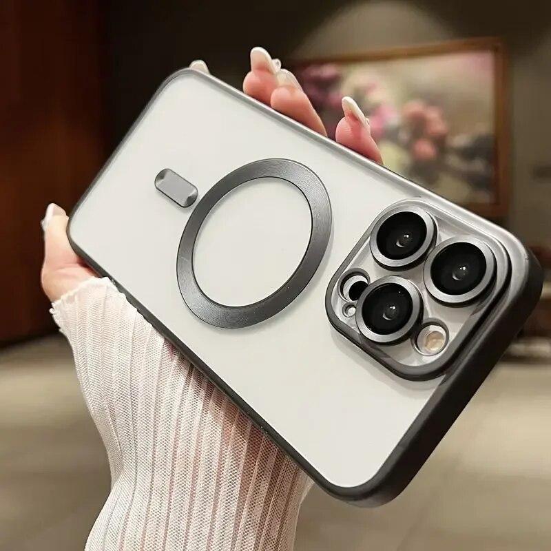 Luxury Matte Plating Frame Clear Case For IPhone 15 14 13 12 11 Pro Max Plus Magsafe Magnetic Wireless Charge Lens Protect Cover