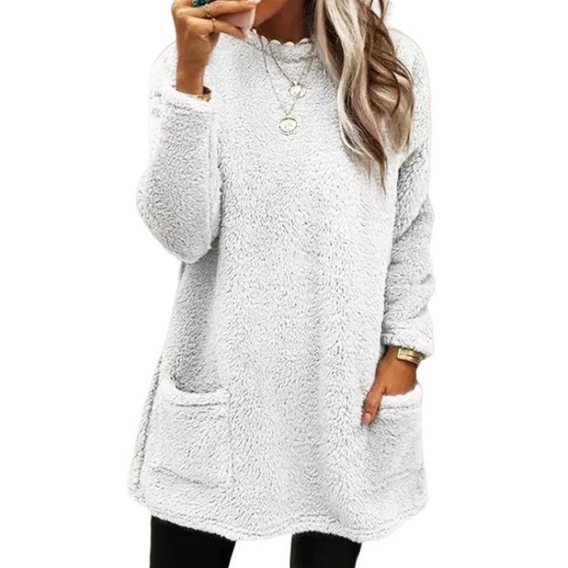 New Women's Clothing, Long Sleeve Pockets Plush Sweater T-Shirt Top