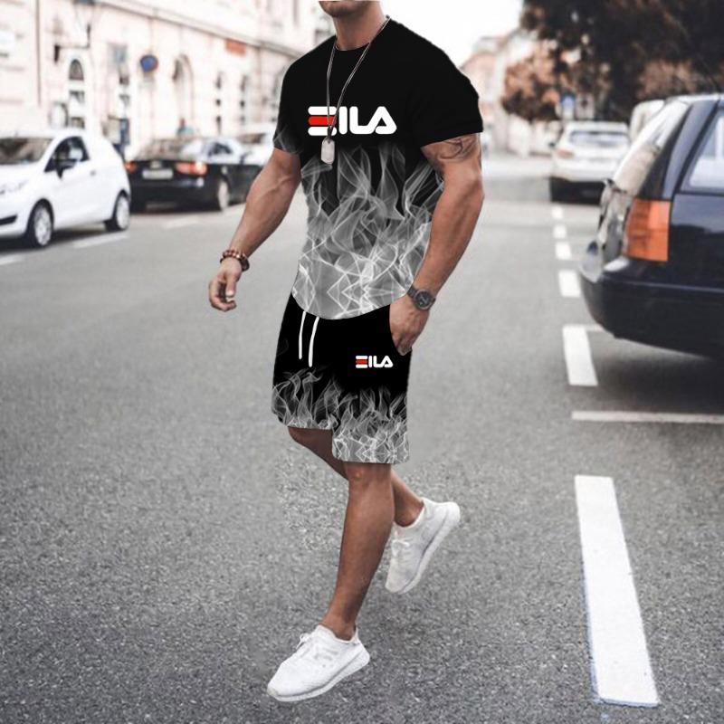 2pcs Men'S Summer Casual Lash Print Outfit Set, Crew Neck Short Sleeve