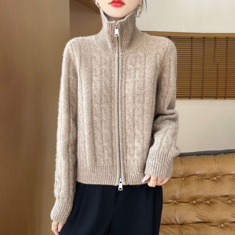 Dámský kašmírový vlněný kardiganový svetr s dvojitým zipem