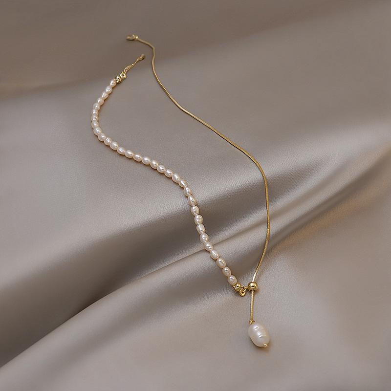 Y-Shaped Rice Grain Freshwater Pearl Splicing Necklace Women S Fashion Design Sense Pull Adjustable Simple Collarbone Chain Neck Chain