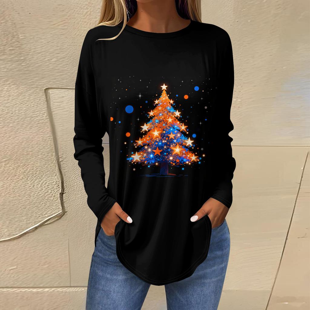 Dames Losse Comfortabele Casual Mode V-Hals Kerstprint Lange Mouw Hoodie