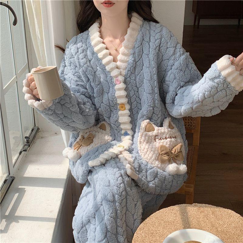 New Coral Velvet Jacquard Pajamas Women's Autumn and Winter Home Clothes Thickened Flannel Velvet Sweet Princess Style Home Clothes Set