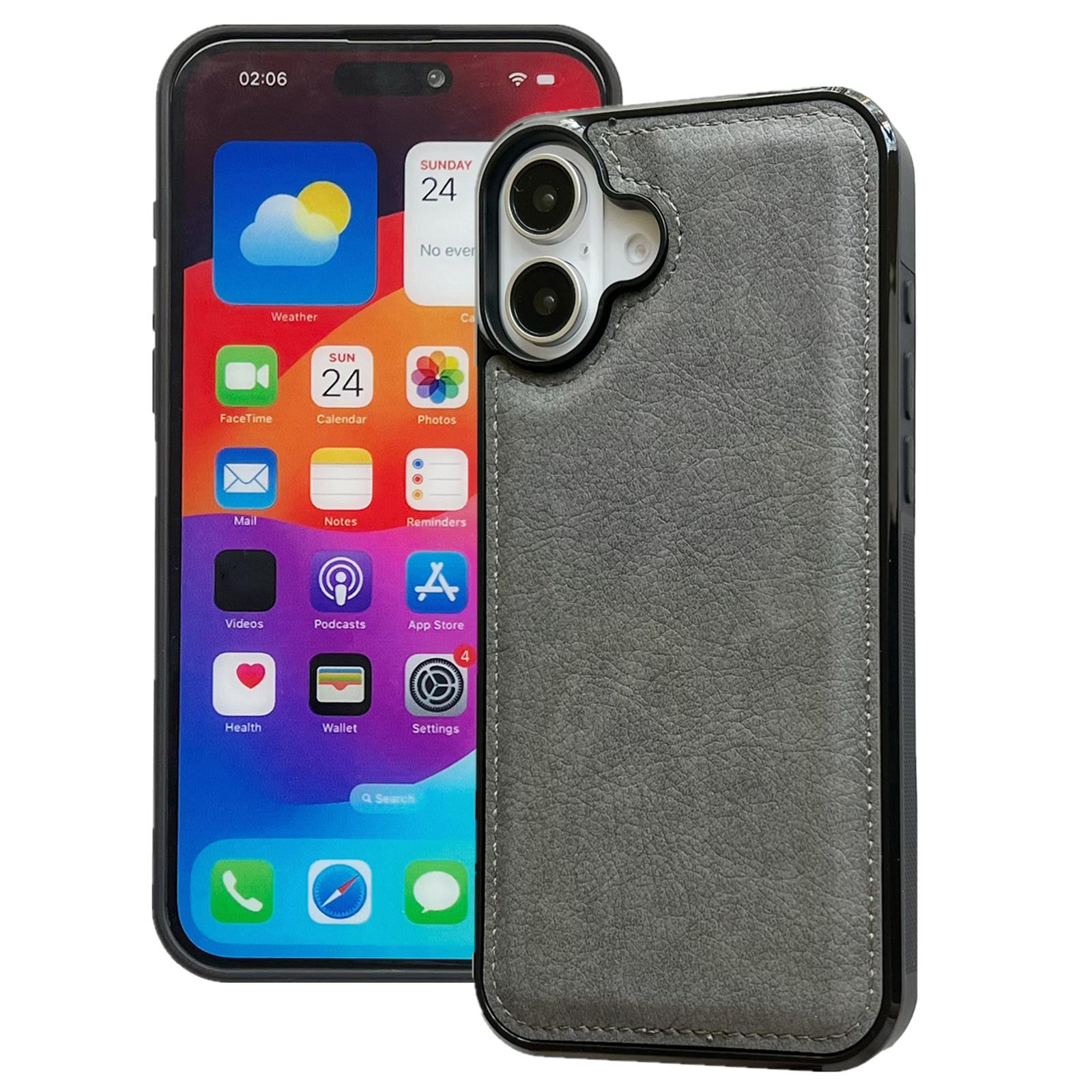 

For iPhone 16 Plus Case Calf Texture PU Leather Anti-Fingerprint Back Phone Cover Grey