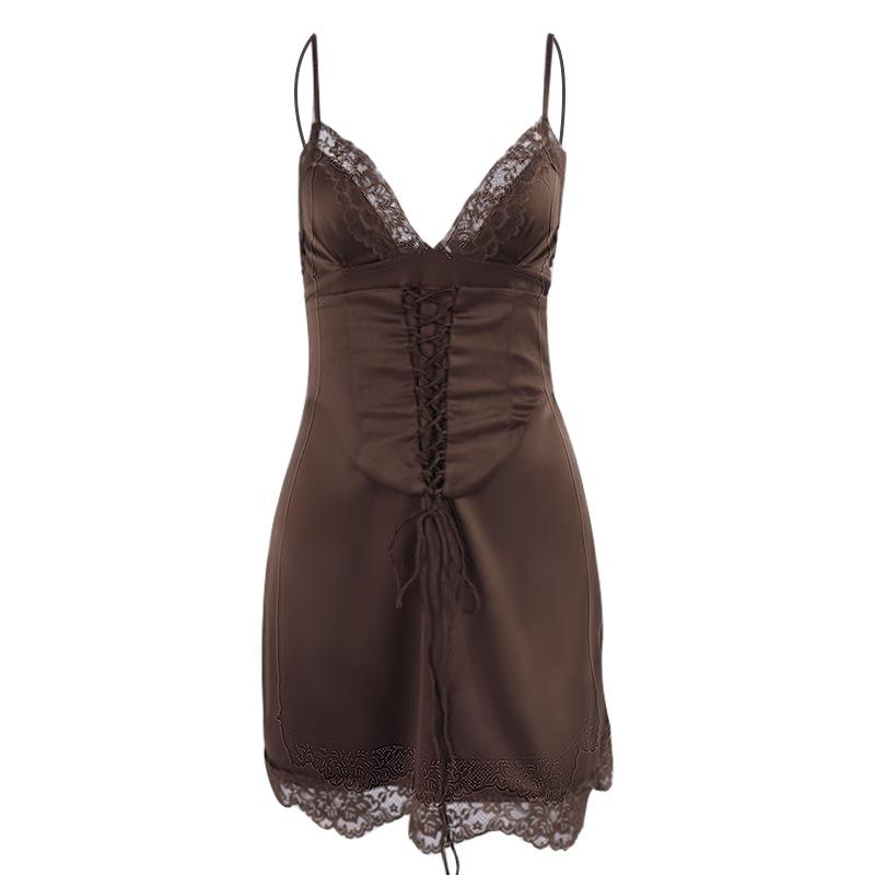 Spring new dress, European and American sexy satin lace splicing V-neck lace-up backless dress