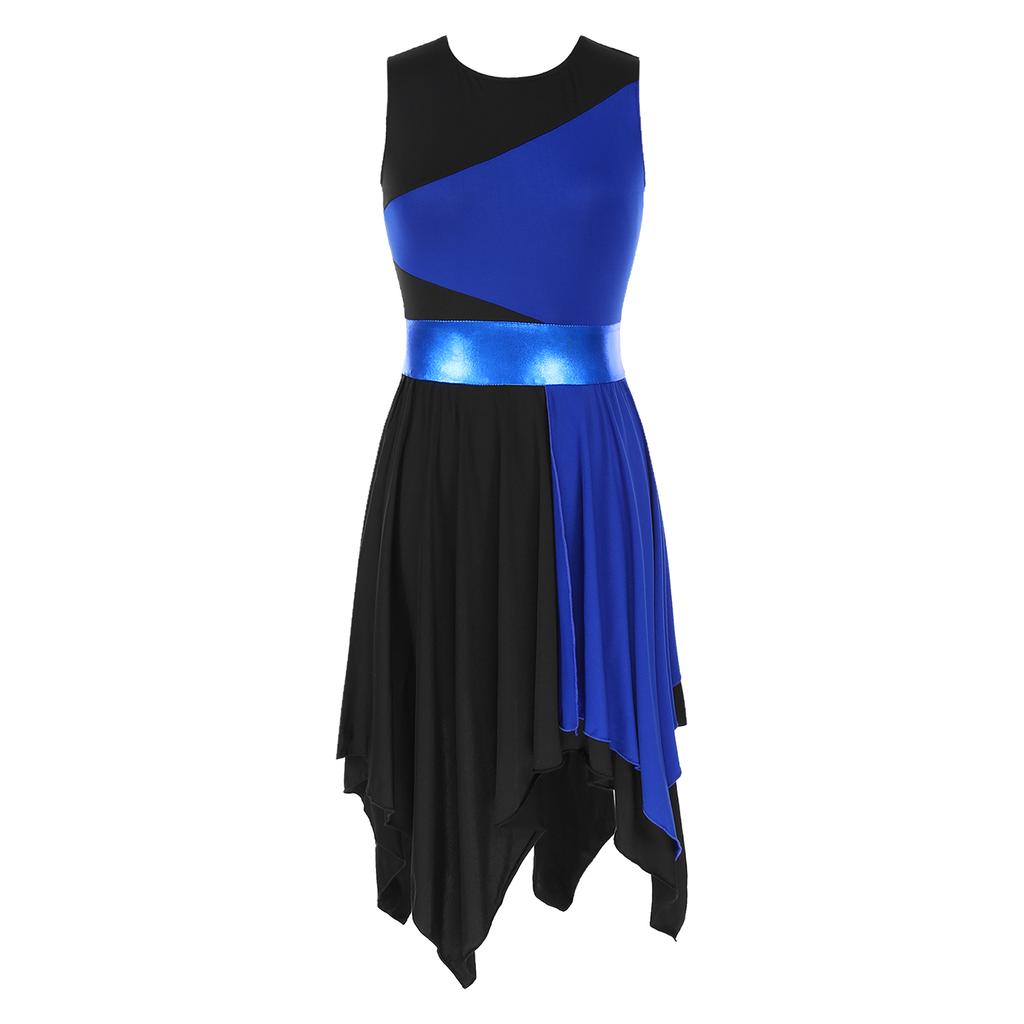 Womens Color Block Dance Dress Sleeveless Round Neck Design Asymmetrical Hem Performance Party Wear