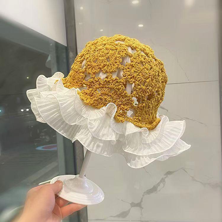 Vintage Hand-Crocheted Thin Cap for Women, Summer Lace Hollow Out Fisherman Hat, Cotton Yarn Ruffled Brim Bucket Hat