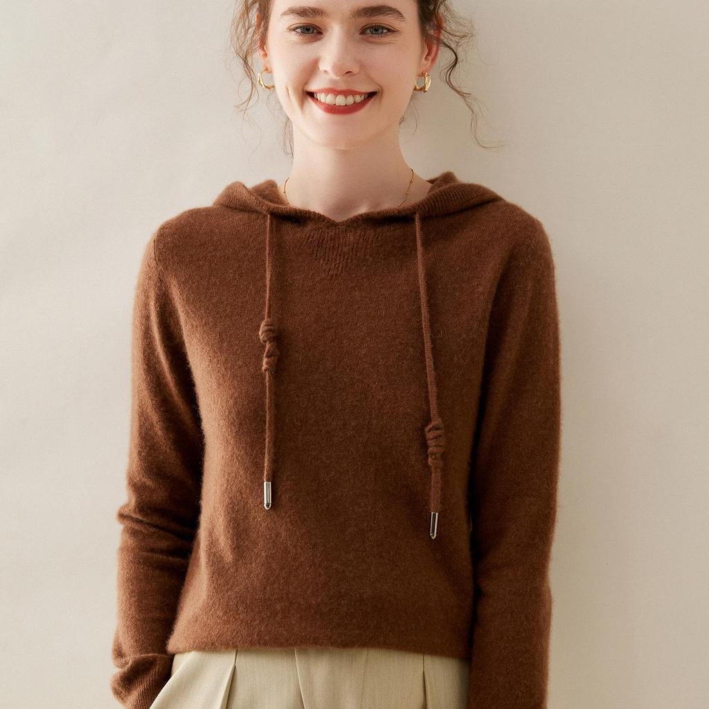 Women's Cashmere Hoodie: Solid Color Loose Slimming Pullover Knit Sweater for Autumn/Winter Outerwear