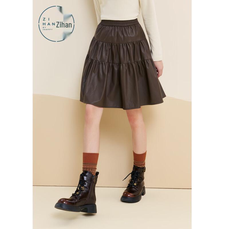 ZIHAN Women's Retro Brown PU Leather High-Waist Pleated Mini Skirt