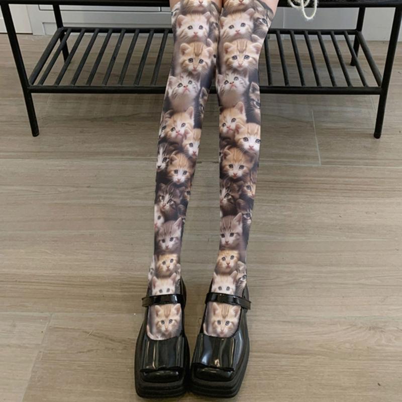 Women's Lolitas Thigh Highs Stockings 3D Cartoon Anime Over the Knee Socks Tights Cats Printed Silk Stockings Hosiery