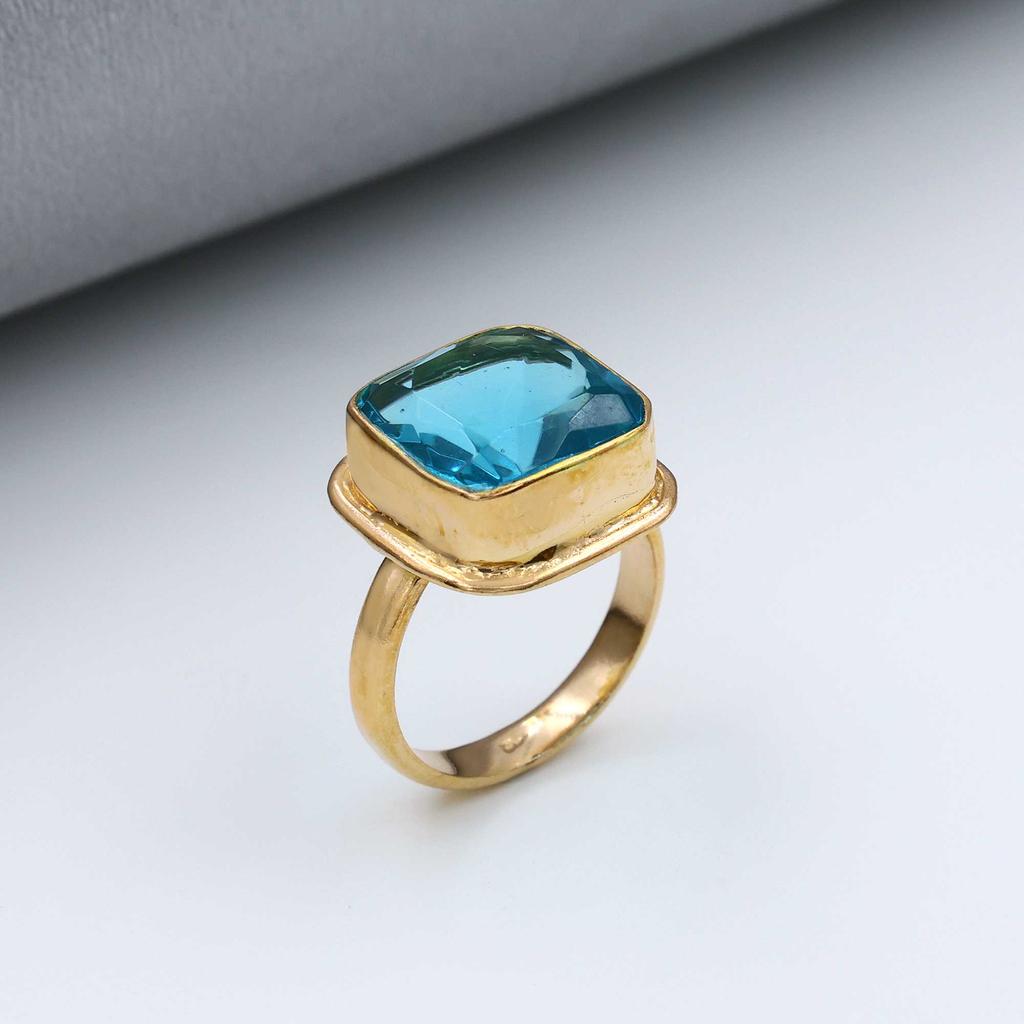 925 Sterling Silver Lab Created Blue Topaz Gemstone Cushion Ring, Yellow Gold Ring, Handmade Ring, Designer Ring