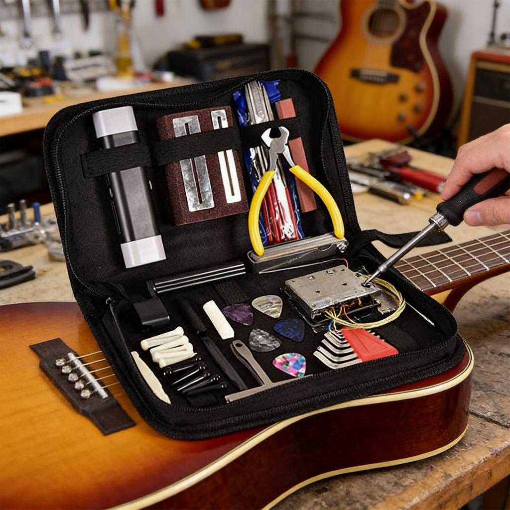 Komplettes Gitarren-Werkzeugset (77 Stück): Gitarre Und Wartungskit, Messlineal, Feile, Fingerlinge