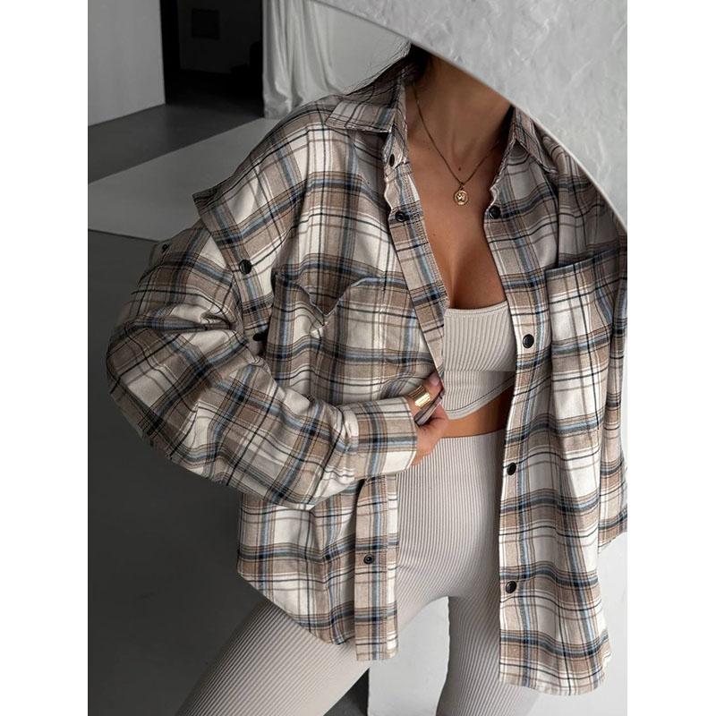 Nowa Modna Koszula w Kratę Damska Jesienna Top z Długim Rękawem Damska Bluzka z Odpinanymi Rękawami Damskie Klasyczne Codzienne Koszule Streetwear