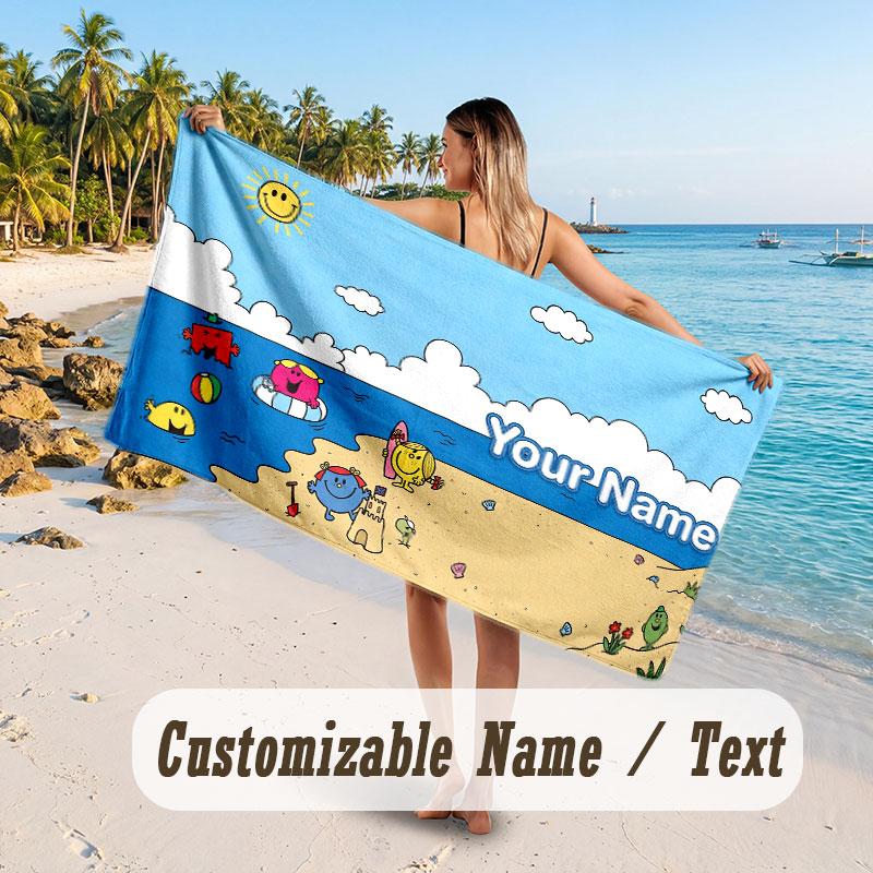 Personalized Beach Towel,Mr. Men & Little Miss Custom Printed Name Text, Super Absorbent Towel For Beach Vacation