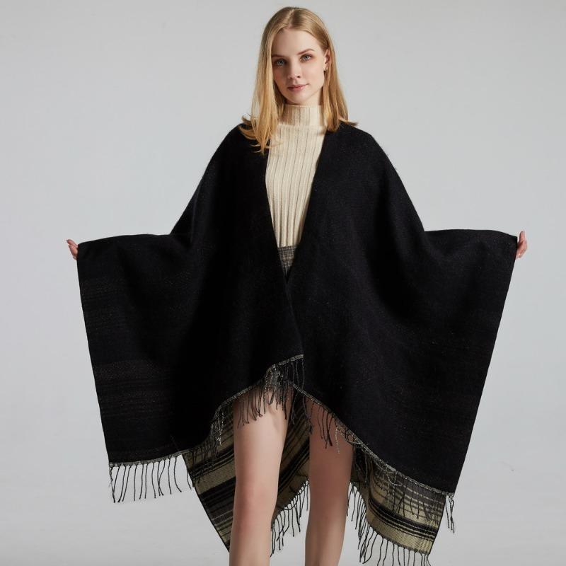 Scottish Classic Plaid Tassel Thick Warm Split Shawl Cape
