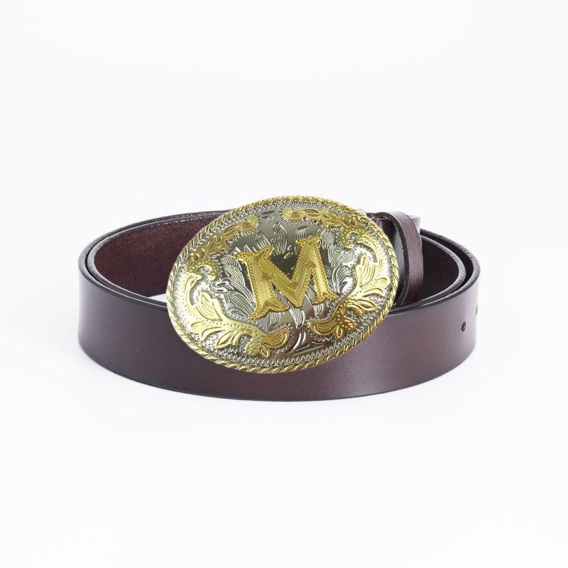 Whole Cowhide Retro Men's Belt Letter M Gold and Silver Two-color Oval Buckle Belt
