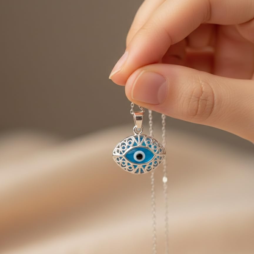 Mystic Jewels - 925 Sterling Silver Glass Evil Eye Drop Shape Filigree Pendant Silver Chain (Eye Shape), Glass, Not Applicable