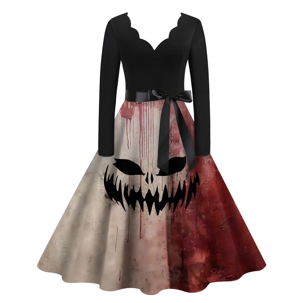 Halloween Women's Casual Fashion V-Neck Printed Vintage Dress
