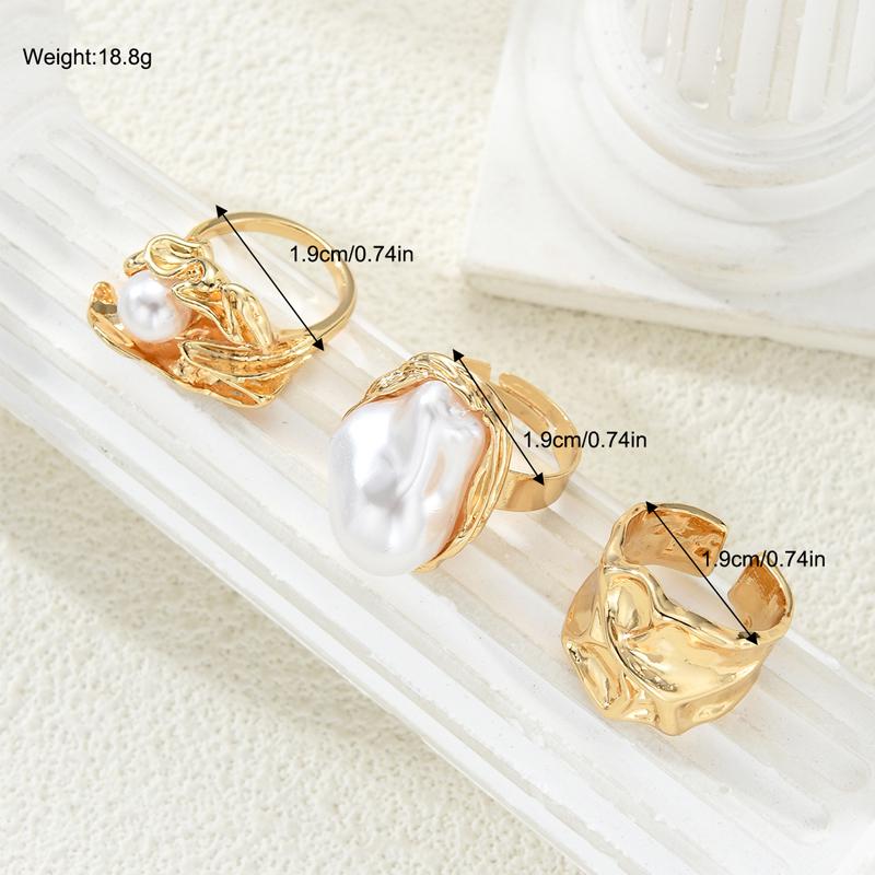 3Pcs/Set Vintage Irregular Imitation Pearl Rings Set for Women Geometric Exaggerated Gold Color Knuckle Joint Ring Party Jewelry