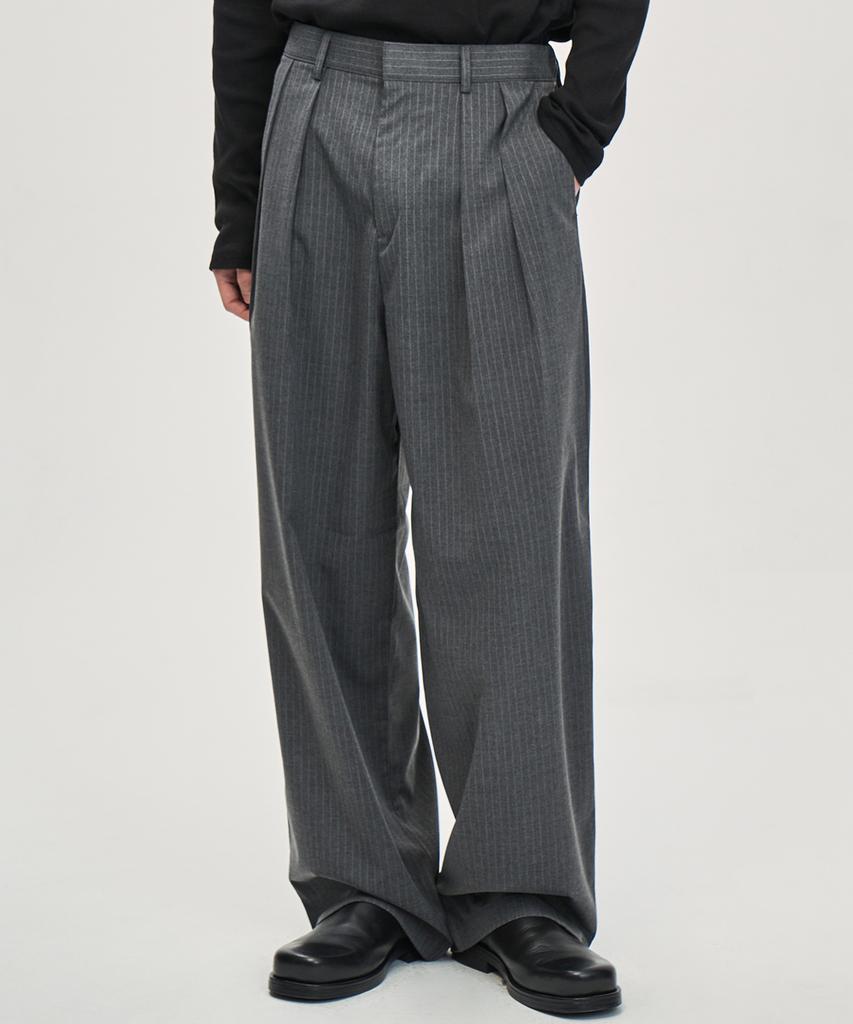 PRAIRIE Double-Pleated Pinstripe Wide Slacks (Gray)