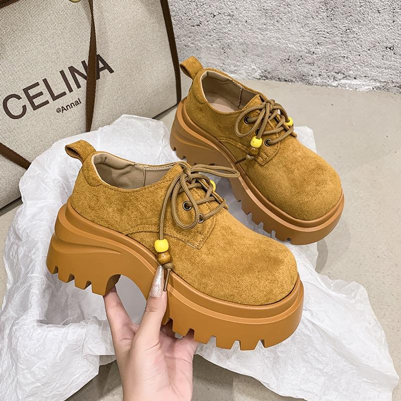 Big head beaded thick sole women's new retro versatile small height increase small leather shoes