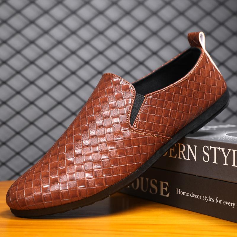 Men Trend Casual Shoes Dress Shoes Fashion Light Men Leather Footwear Breathable Slip On Checkered Flat Bottom Driving Shoe