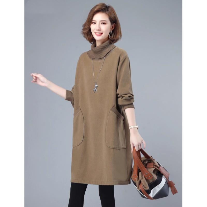 2025 Autumn/Winter High Neck Knit Sweatshirt with Long Sleeve & A-line Long Skirt Featuring Pocket Design