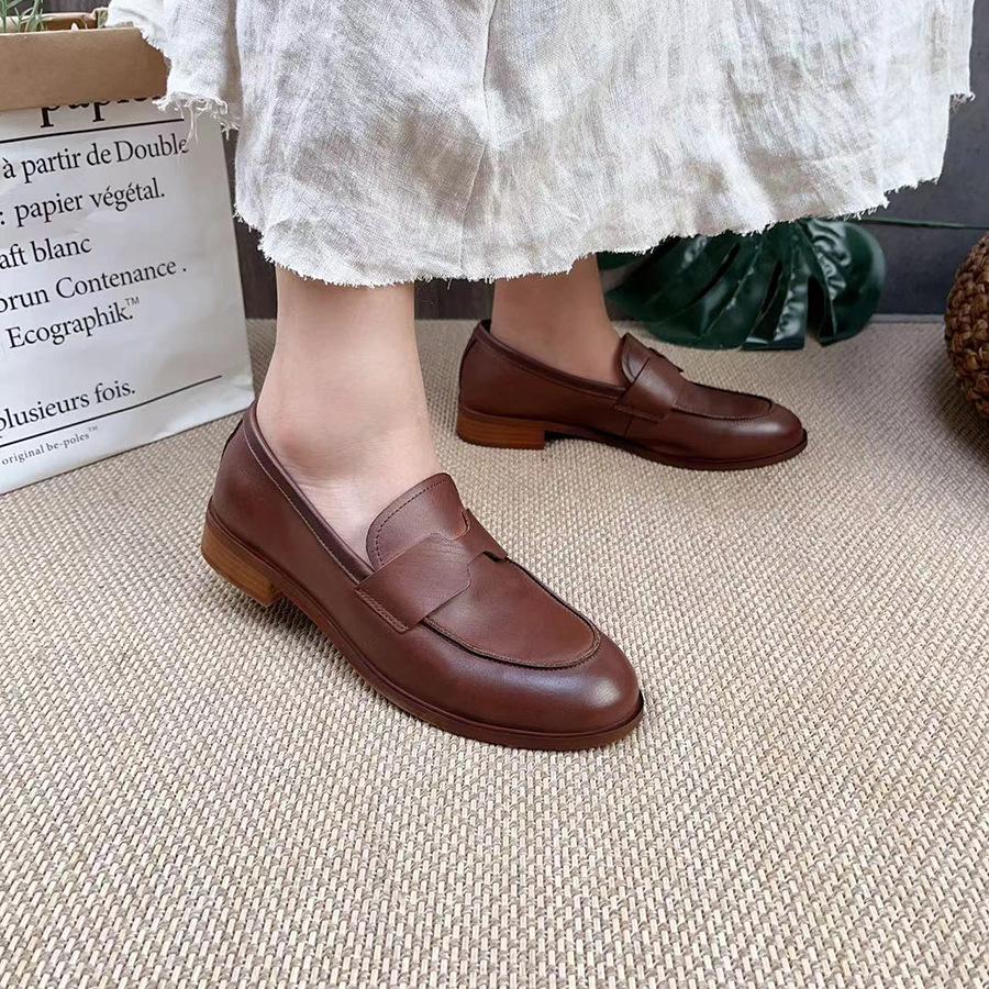 Johnature Retro Echtes Leder Niedrigen Absatz Pumps Frauen Schuhe Runde Zehe Flache Volltonfarbe Bequeme Halbschuhe