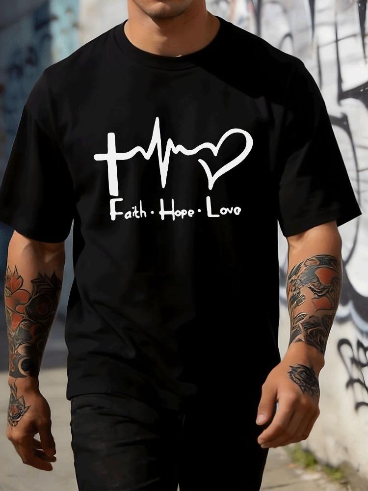 Unisexs Faith Hope Love Graphic Tee Cross Heartbeat Black Crew Neck Loose Short Sleeve Religious Soft Summer Daily Street Top