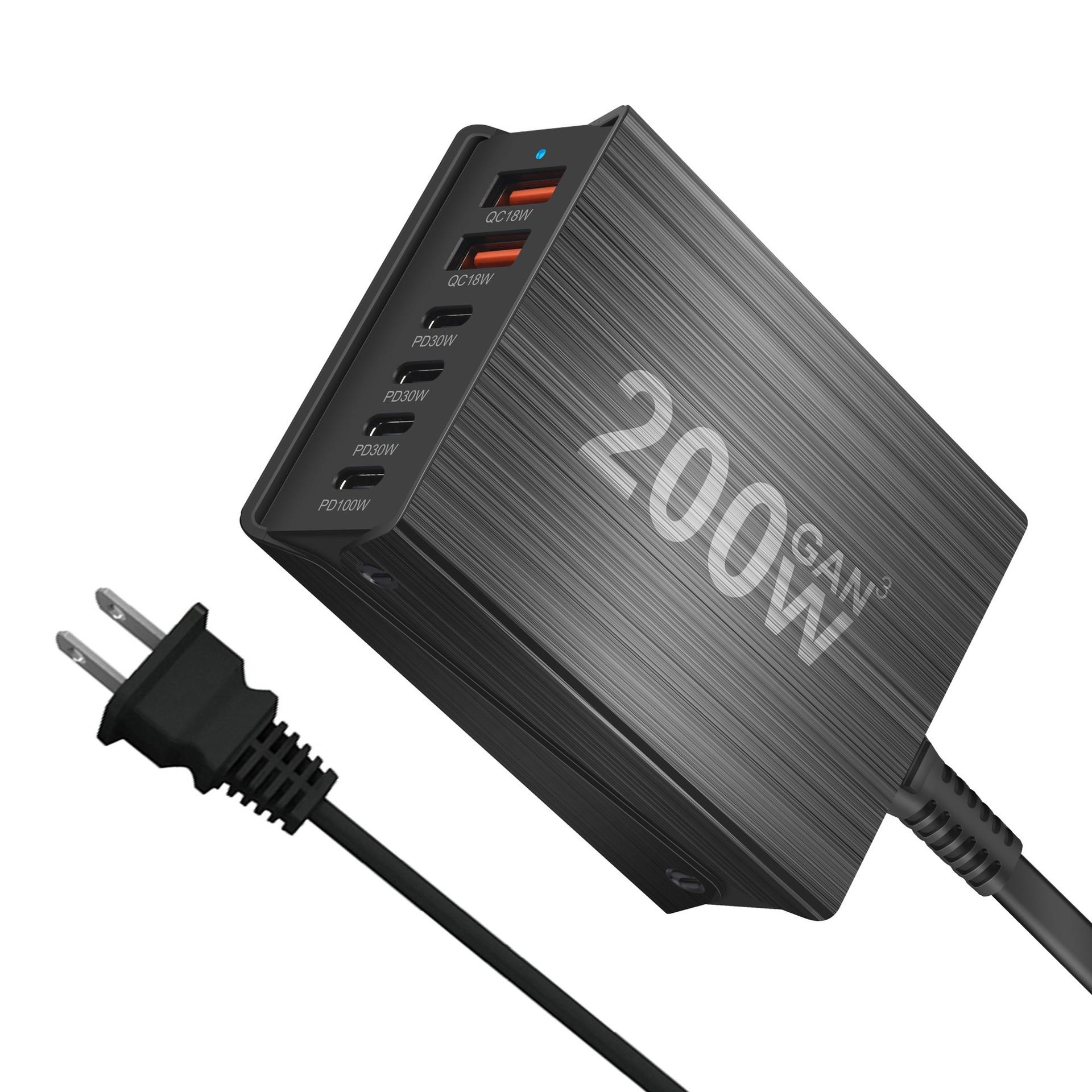 200 Вт 6-портовая GaN быстрая зарядная станция USB C зарядное устройство быстрая зарядка QC PD 3.0 Type C быстрое зарядное устройство для iPhone 16/15/14/13 Pro MacBook 4C2A US Plug чёрный