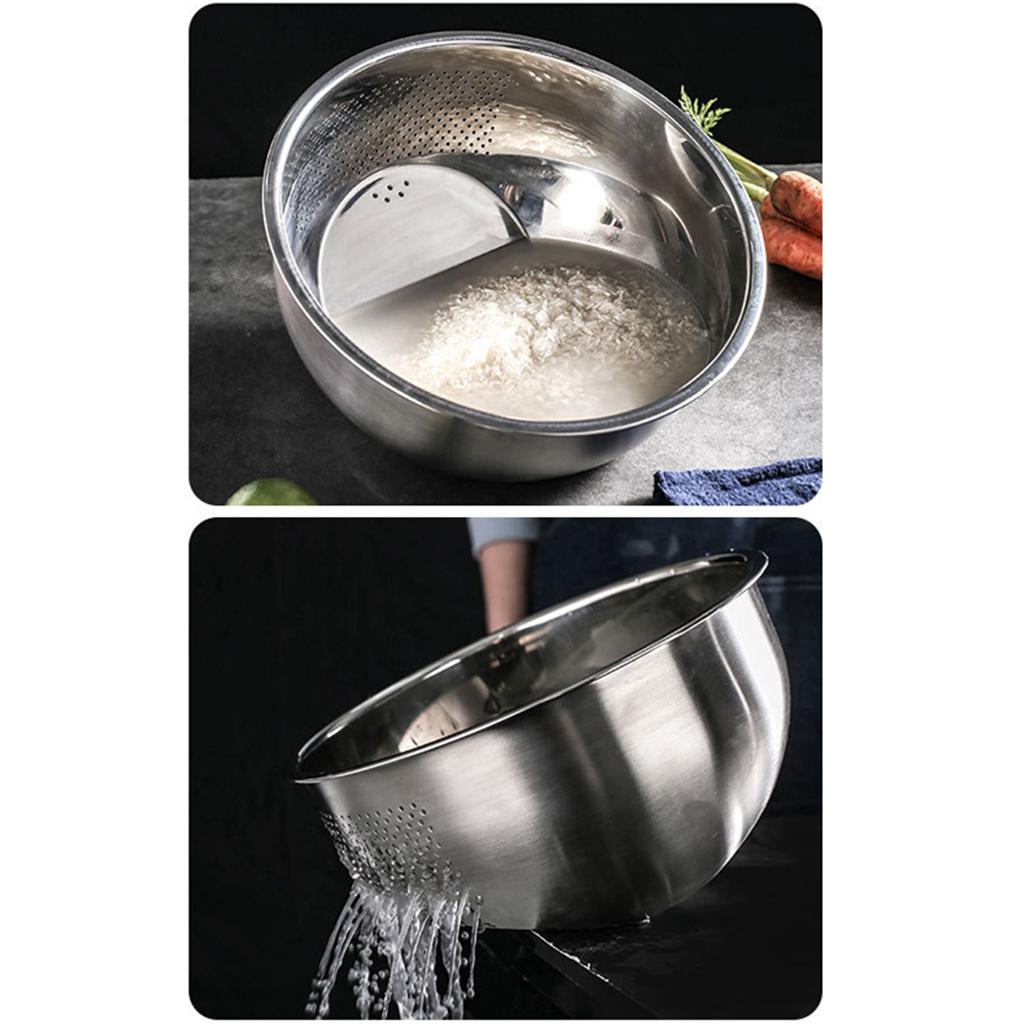 Stainless Steel Rice Washing Bowl with Side Drainers Cleaning Washing Mesh Strainer Net Baskets Steaming, Draining & Rinsing