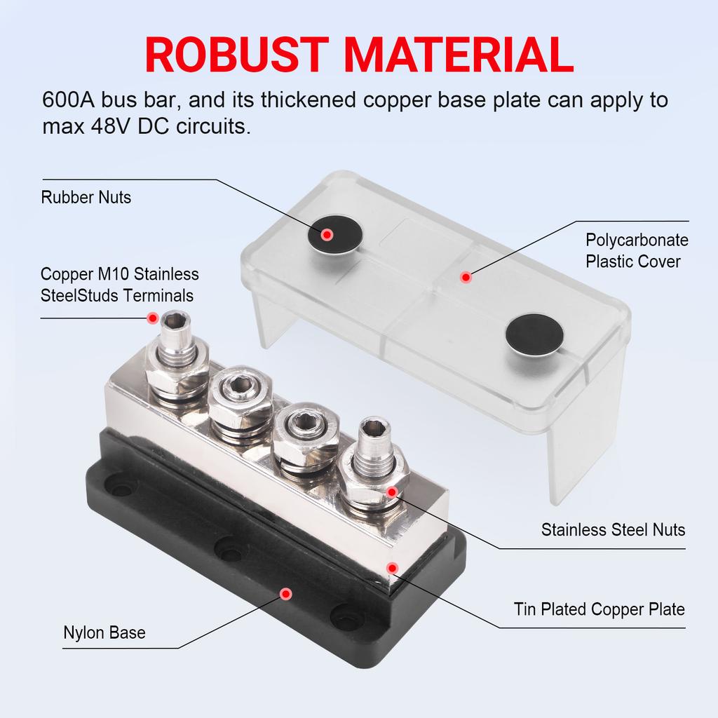 Battery Bus Bar 600A 48V Nickel Plated Copper 4X M10 Studs Heavy Duty Distribution Block For Truck RV Marine Ground Red Black