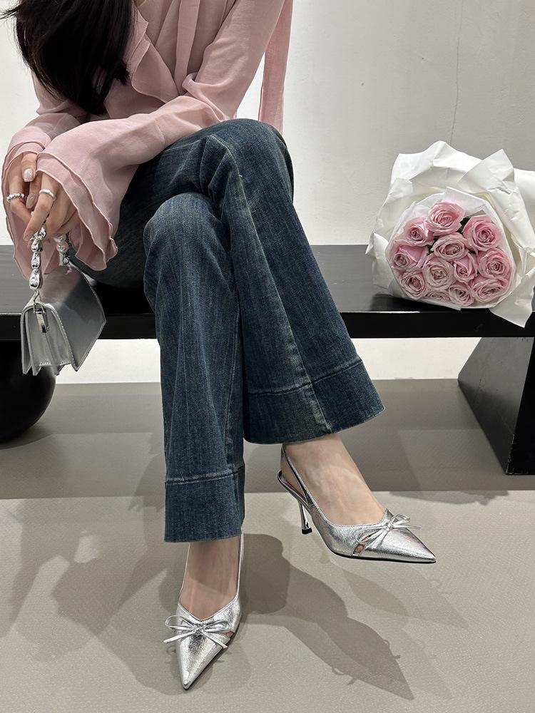 Nude high heels! Niche design sense bow hollow fairy bag head sandals