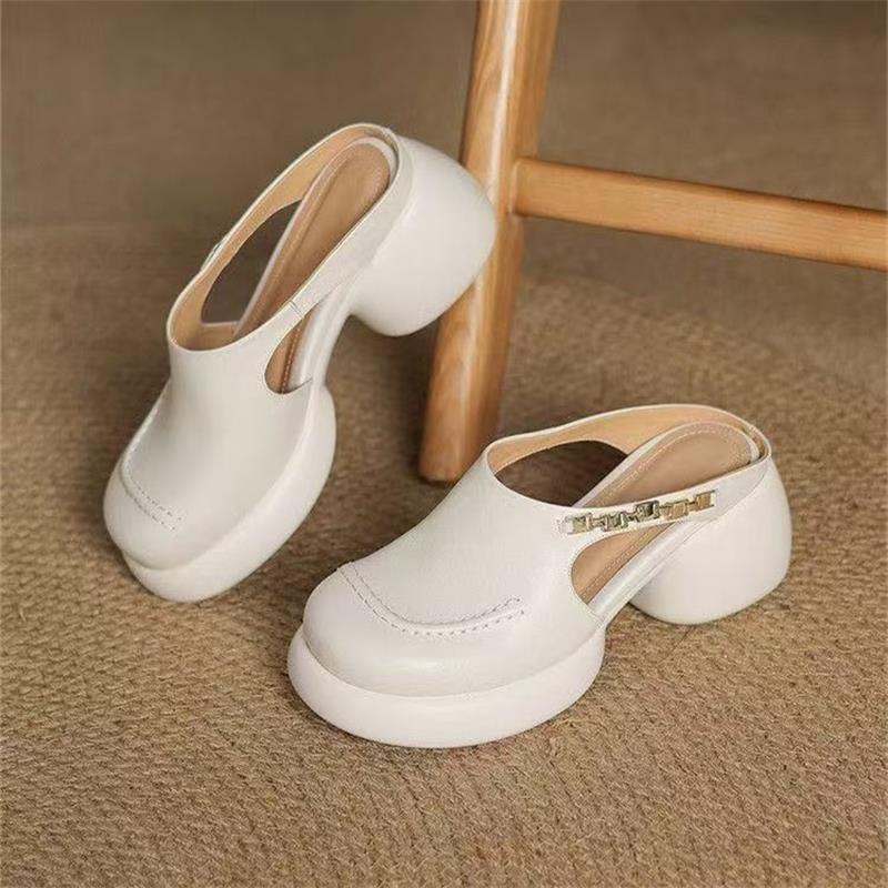 

Baotou thick-soled sandals for women wearing soft leather thick heels and half drags 2025 new summer temperament metal buckle high-heeled slippers 40