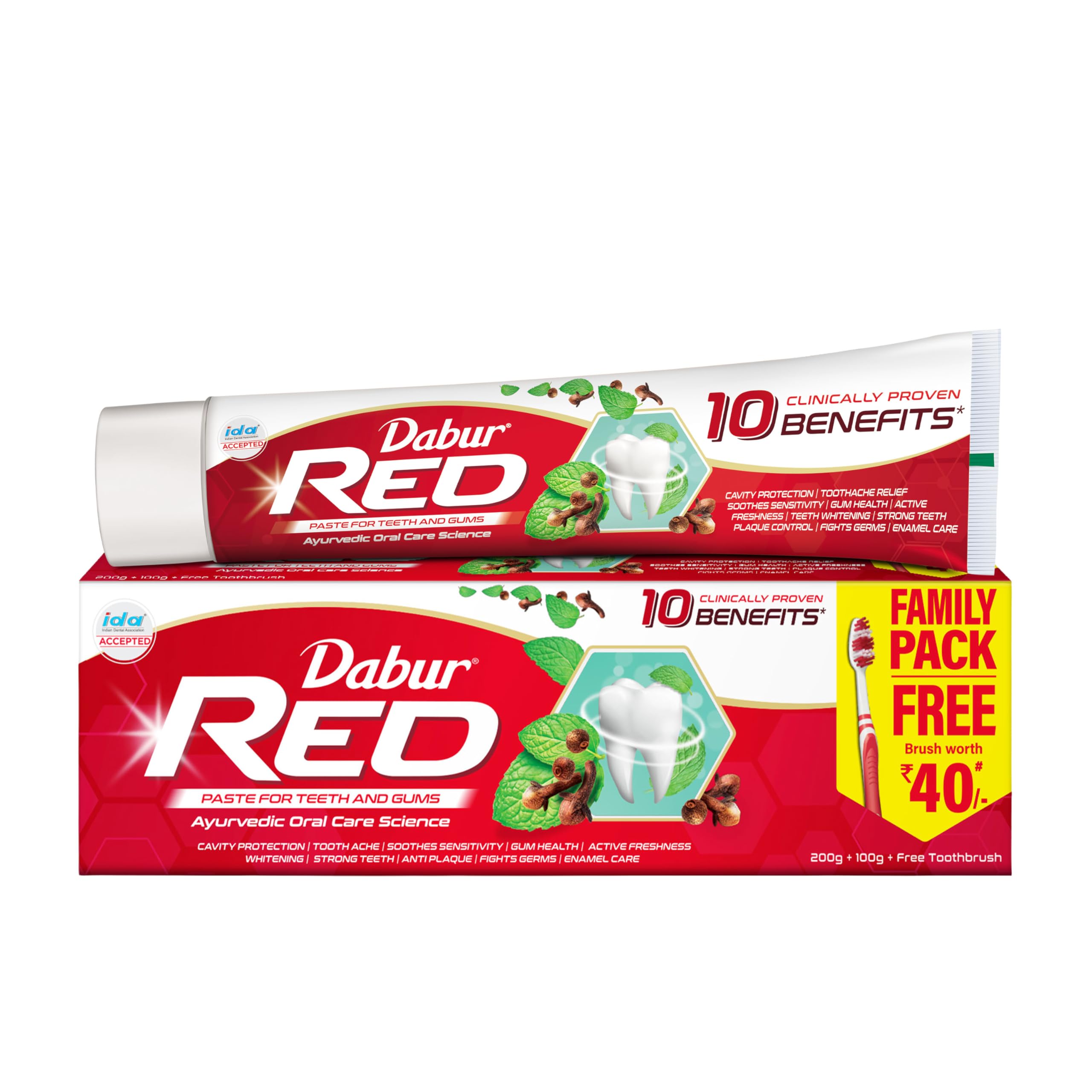 Dabur Red Ayurvedic Paste, Provides Protection From Plaque Toothache Yellow Teeth and for Bad Breath Treatment - 300 Gm