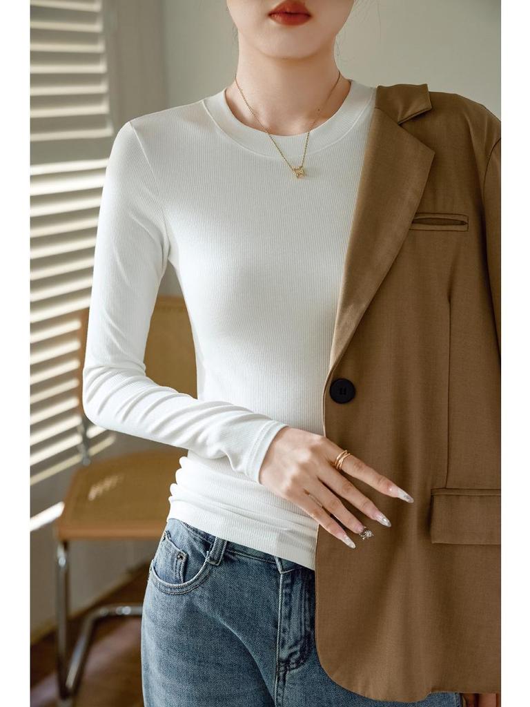 Women's High-Elastic Cotton Ribbed Crew Neck Long-Sleeve Base Layer Top - 2025 Autumn/Winter Collection