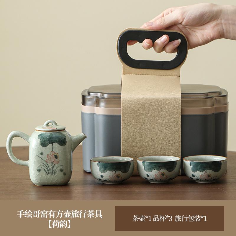 Hand-Painted Teapot, One Pot, Three Cups, Ge Kiln Ice Crack Glaze, Ceramic Kung Fu Tea Set, High-End Travel Storage Gift Box