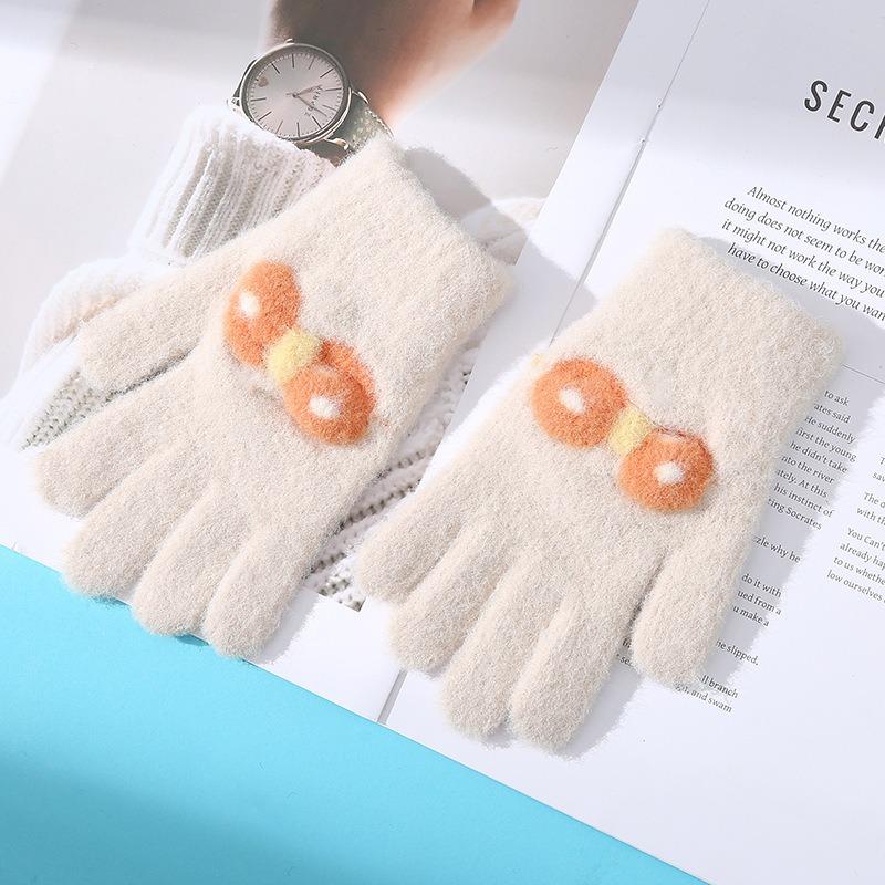 New girls knitted children's thermal gloves winter thickened bow jacquard five fingers cycling homework full finger