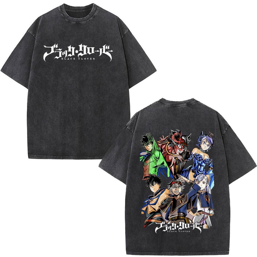 Washed Anime Black Clover Logo Graphic Print T-shirt Harajuku Summer Fashion Casual Cotton Oversized T-shirts Tops Streetwear