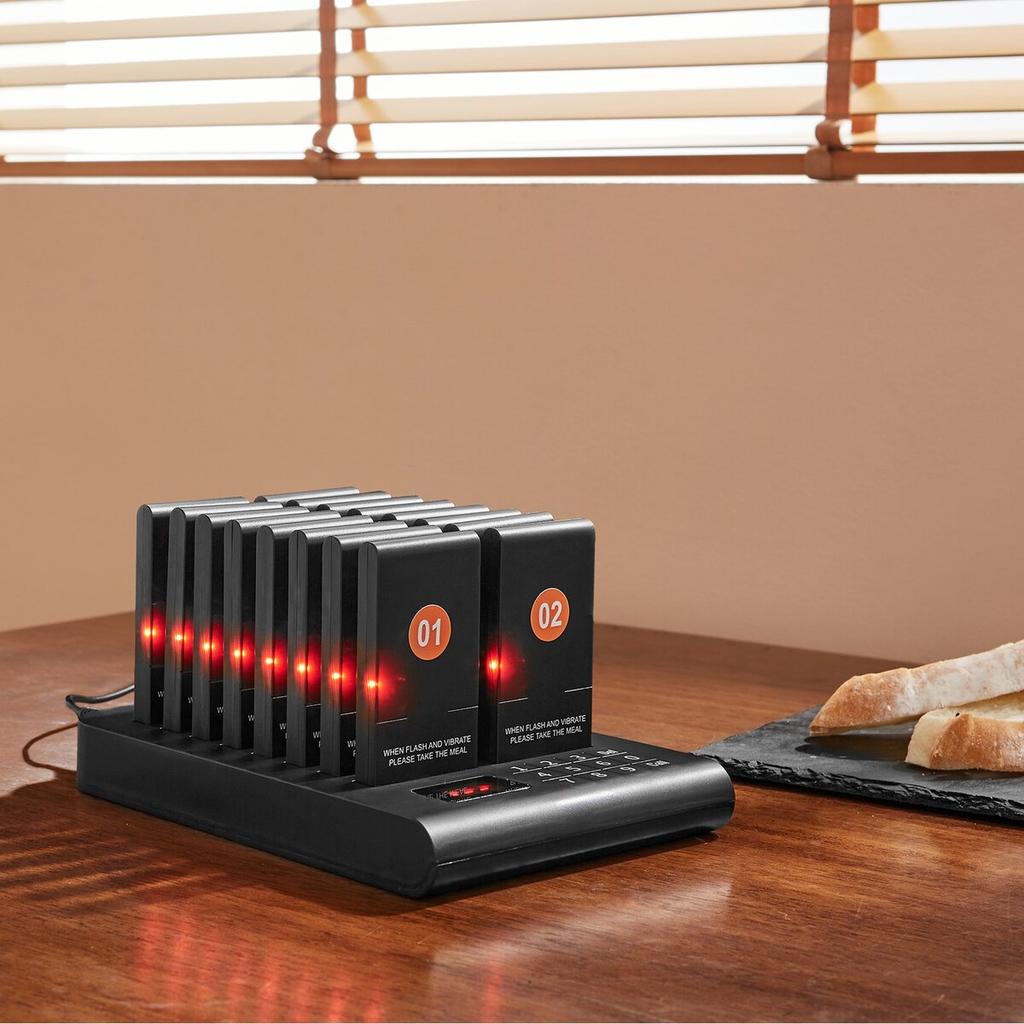 Restaurant-Pager-System, Kabellos 500m Reichweite Aufstell-Warteschlangen-Signal, Gäste-Kunden-Ruf-Piepser mit Vibration & Blinken, 16 Piepser