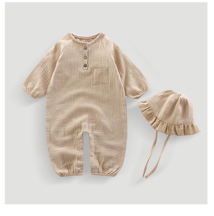 Hooded Baby Summer Romper: Double Layer Gauze, 100% Cotton, Solid Color, Breathable and Sweat-Absorbent - Ideal for Crawling and Casual Wear