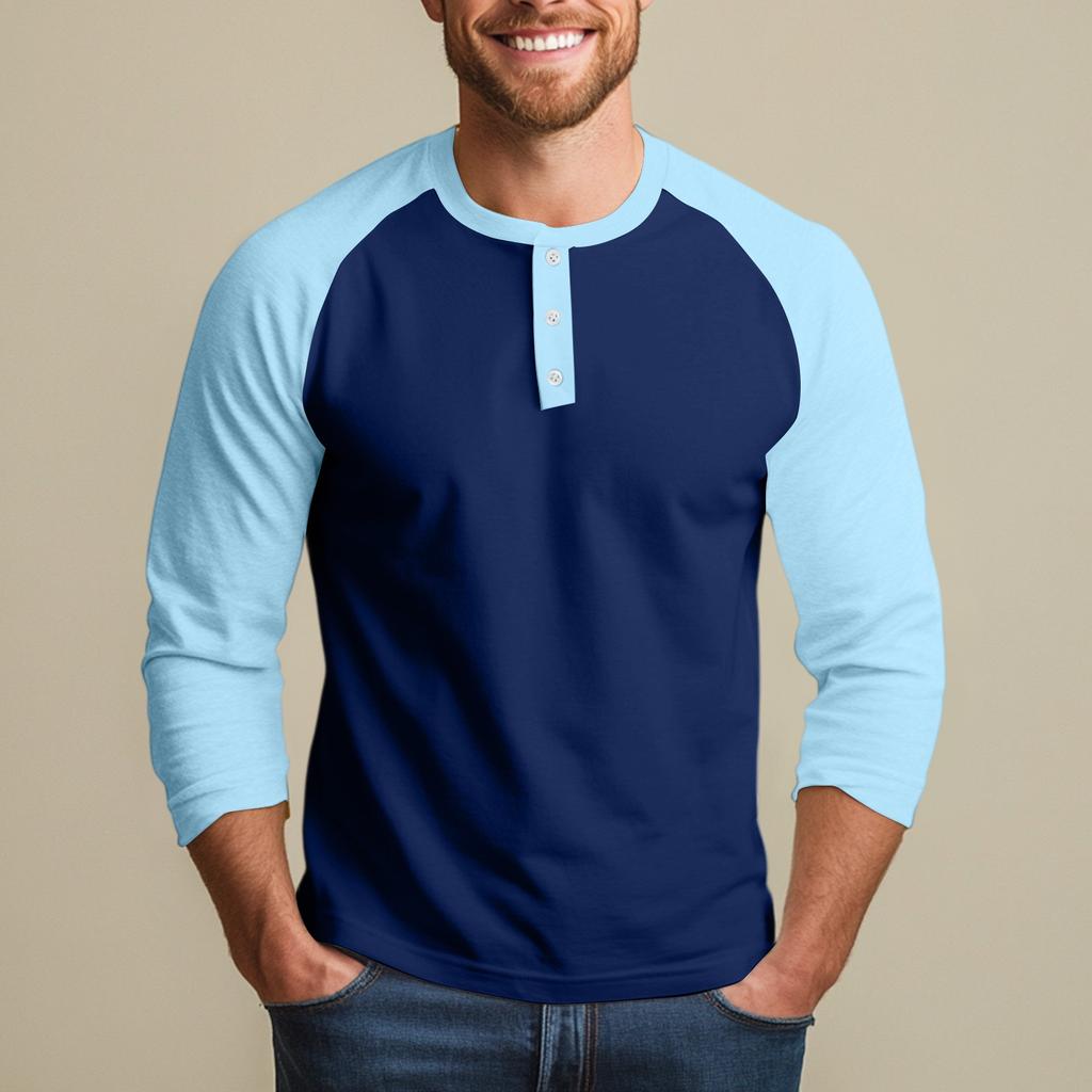 Men's Button-Down Contrast Raglan 3/4 Sleeve Top