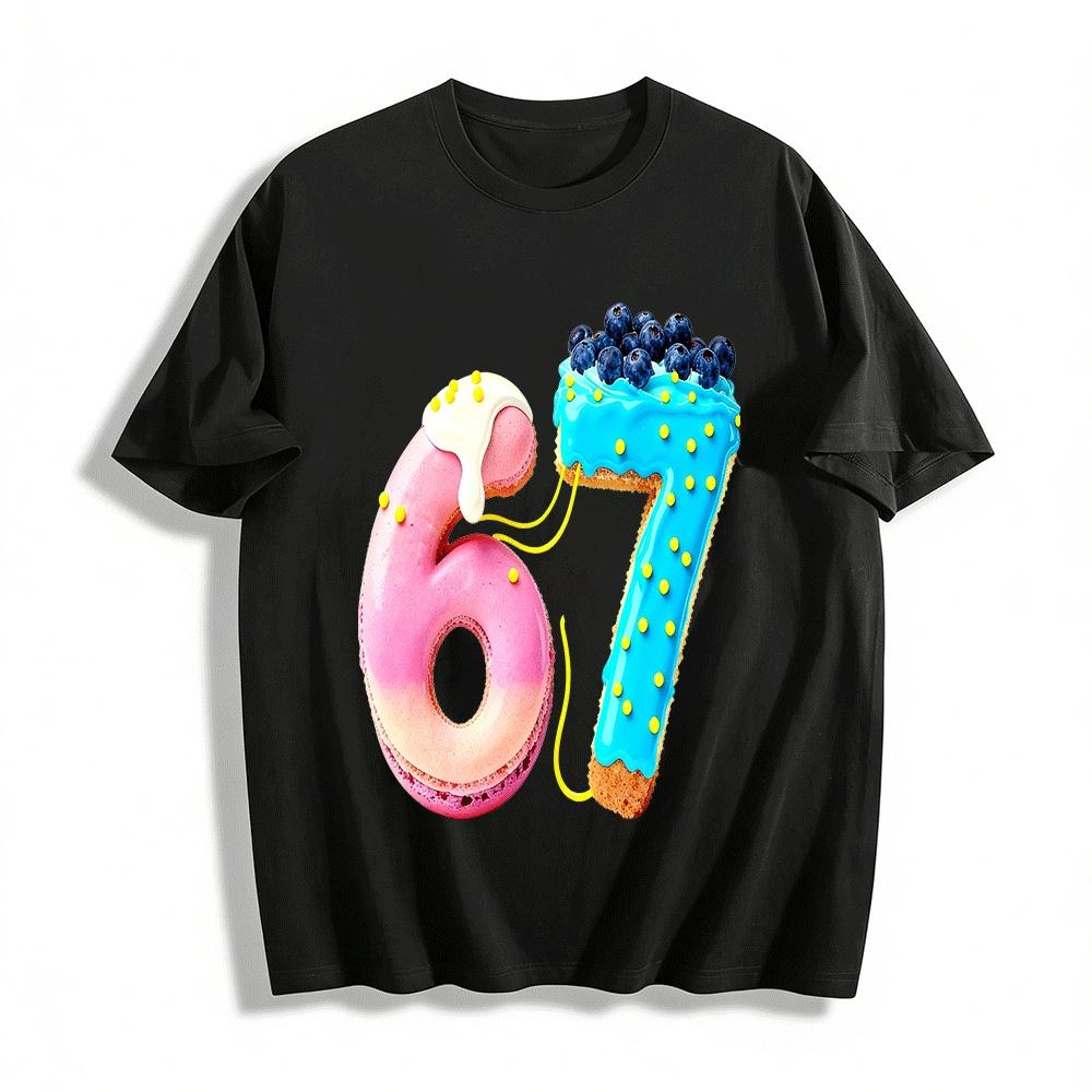 Fun Number 67 Blueberry Frosting Cake Print Casual Top Pure cotton T-shirt XXS