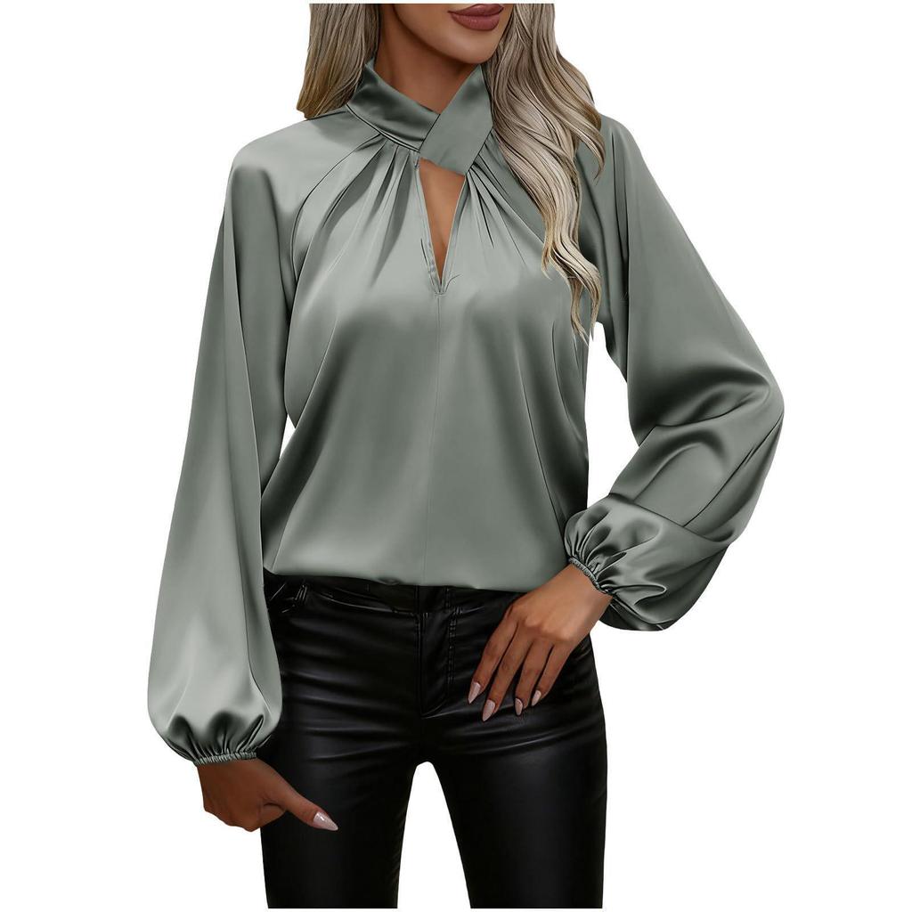 2025 New Satin Silk V-neck Long Sleeve Women's Loose Top