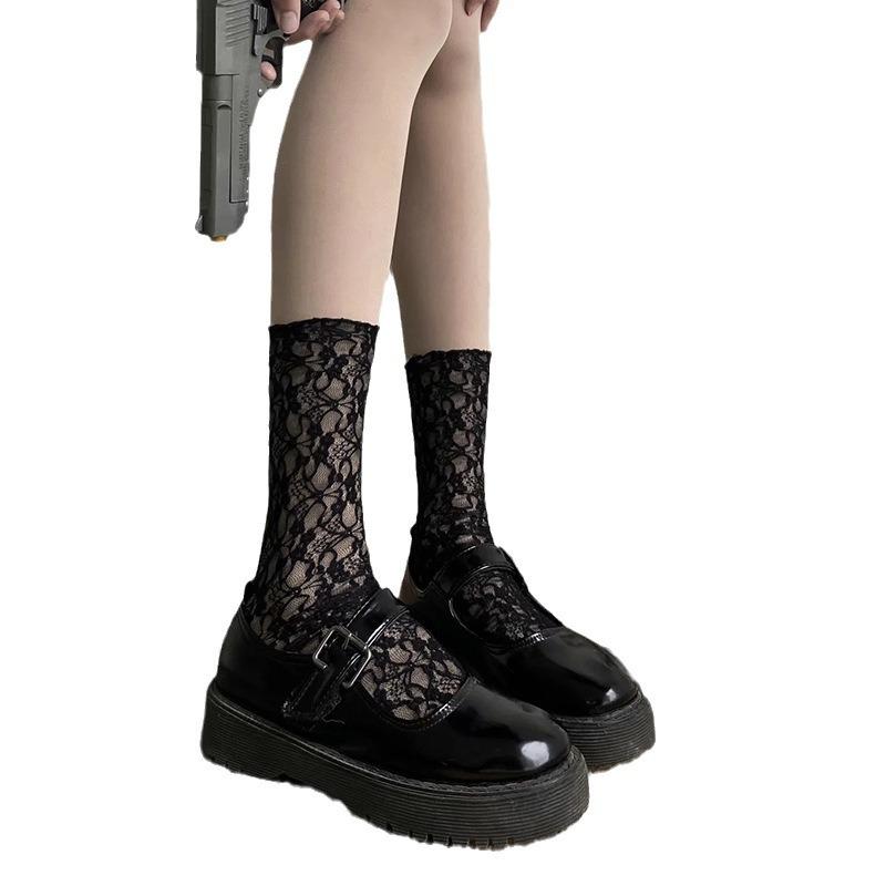 Female Spring and Summer Thin Flower Hollow Lace Mesh Breathable Tube Stack Socks