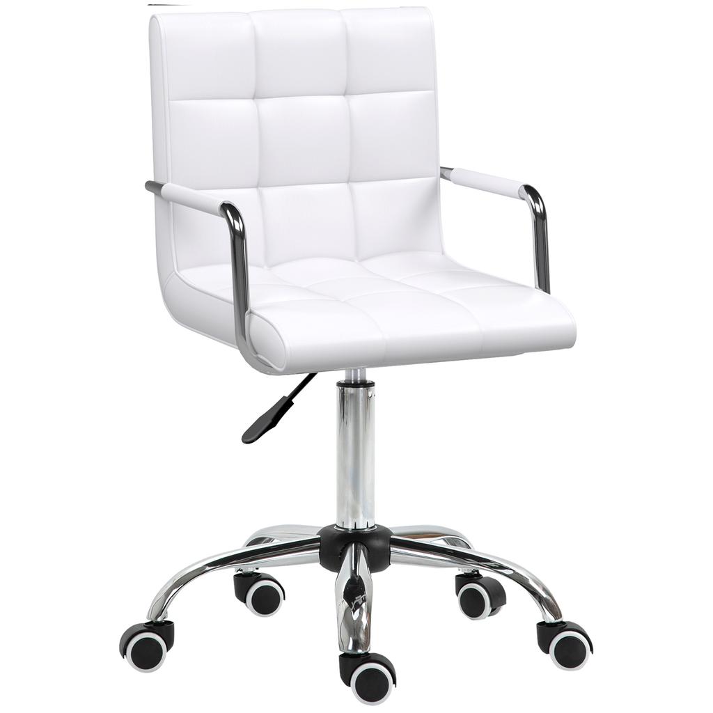 Makeup Vanity Chair, PU Leather Mid Back Office Chair with Adjustable Height, Armrest and Rolling Wheels, White